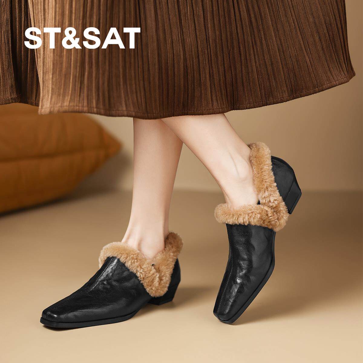 星期六羊皮新款加绒乐福鞋女软底舒适深口单鞋平底百搭休闲毛毛鞋