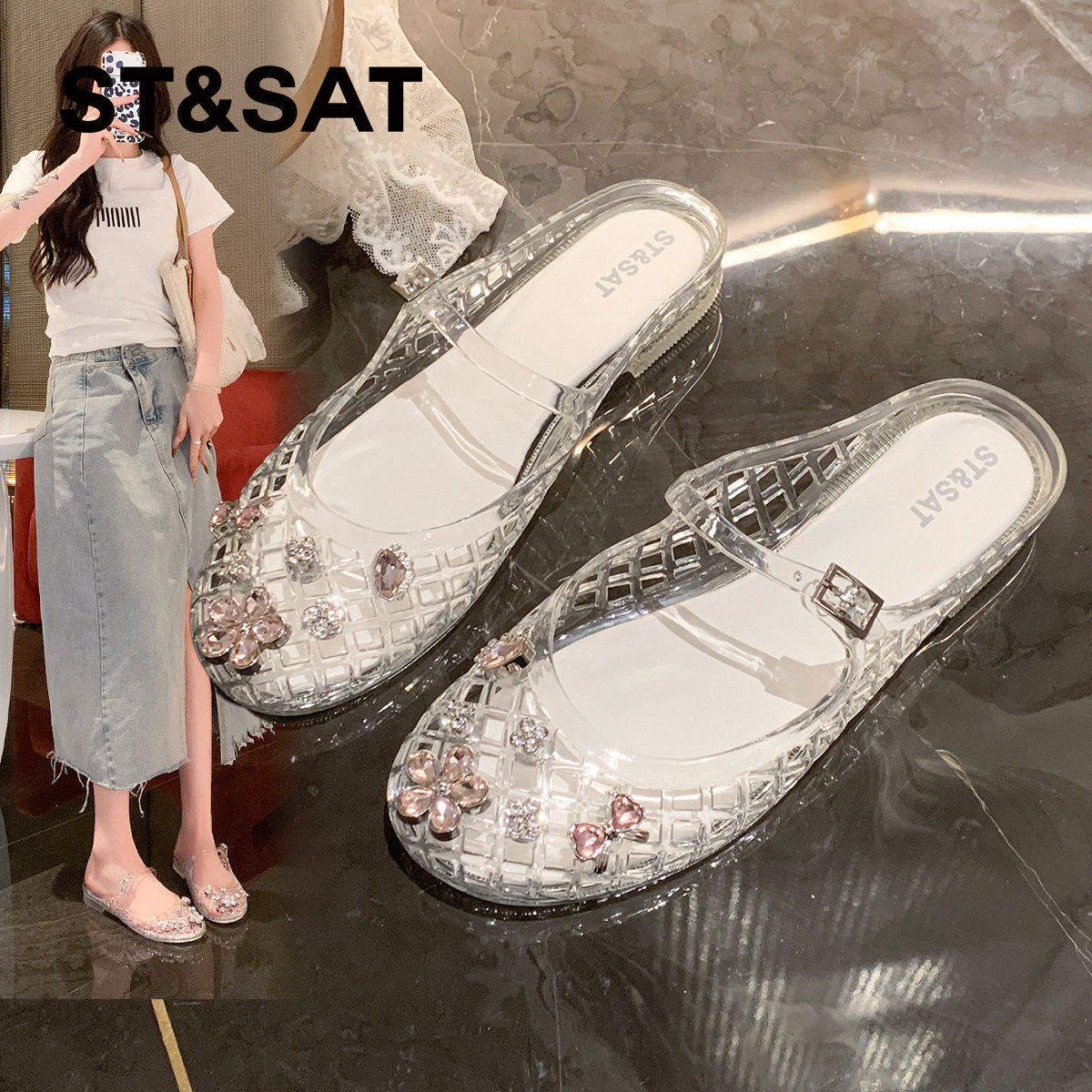 星期六韩国软底水晶果冻鞋女2026春夏新款一脚蹬洞洞鞋罗马凉鞋子
