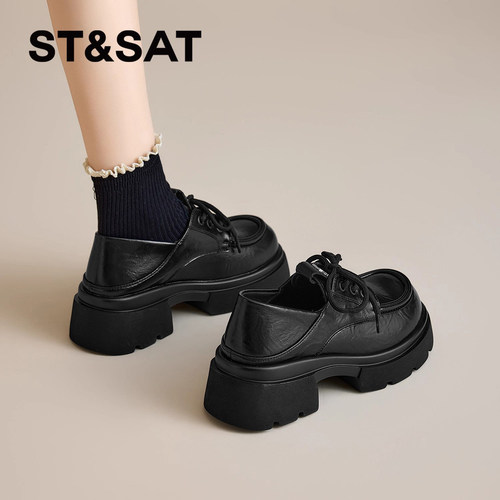 星期六春夏新款厚底增高系带乐福鞋英伦风休闲黑色百搭小皮鞋爆款