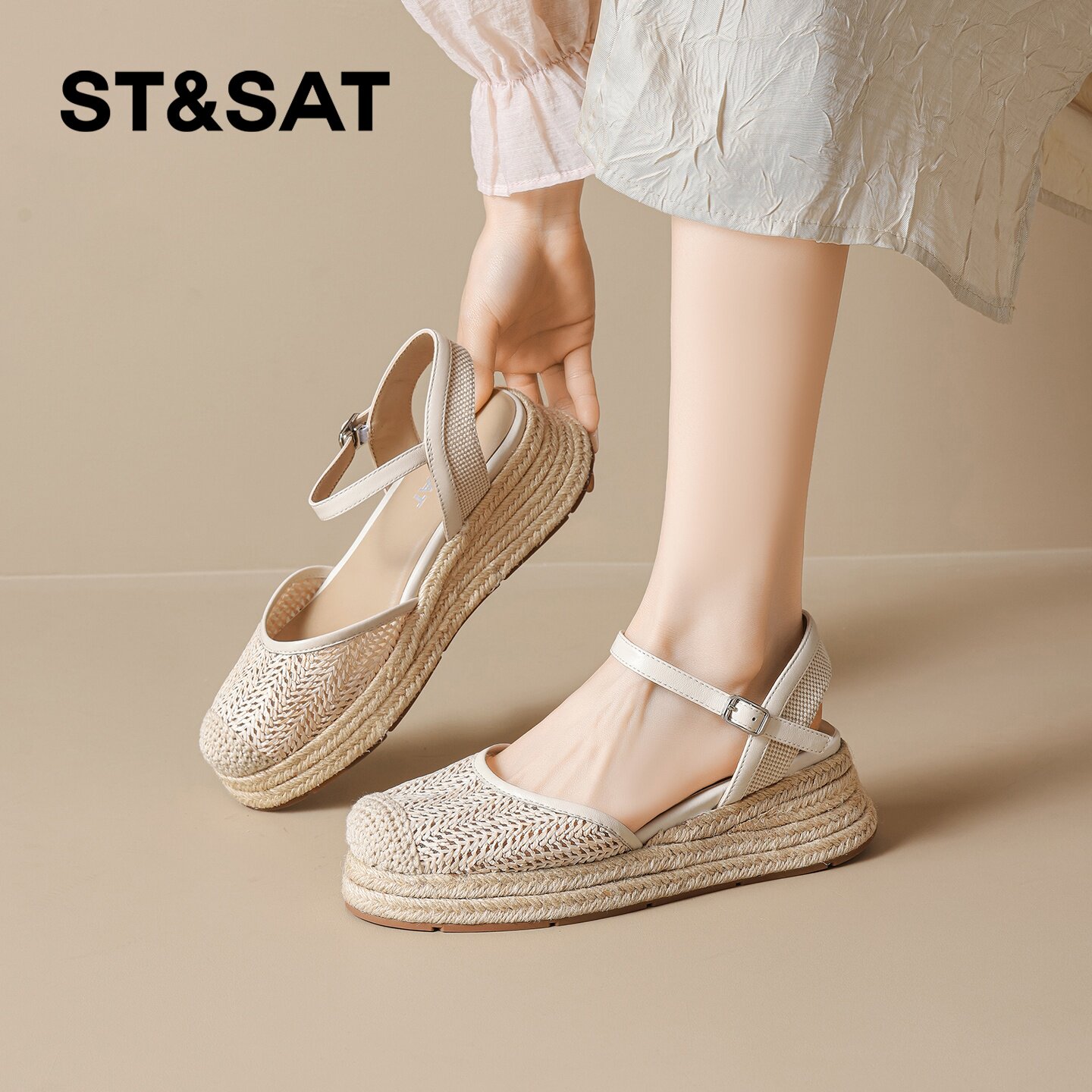 星期六编织玛丽珍鞋女款2026新款夏季羊皮革厚底增高休闲运动凉鞋