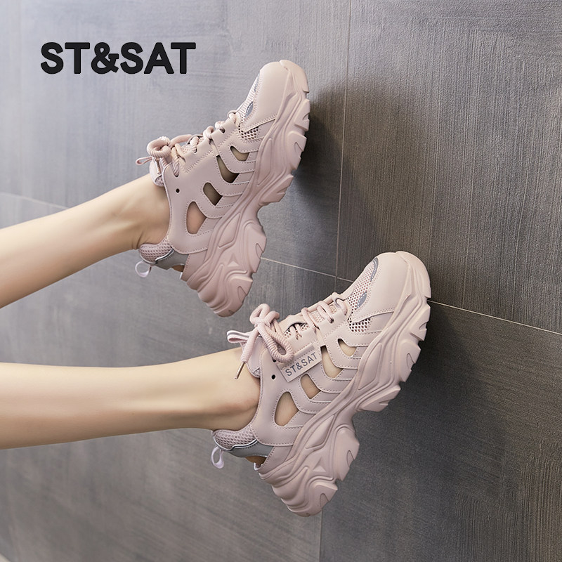 星期六老爹运动凉鞋女款夏季新款镂空网面透气洞洞鞋厚底女鞋爆款