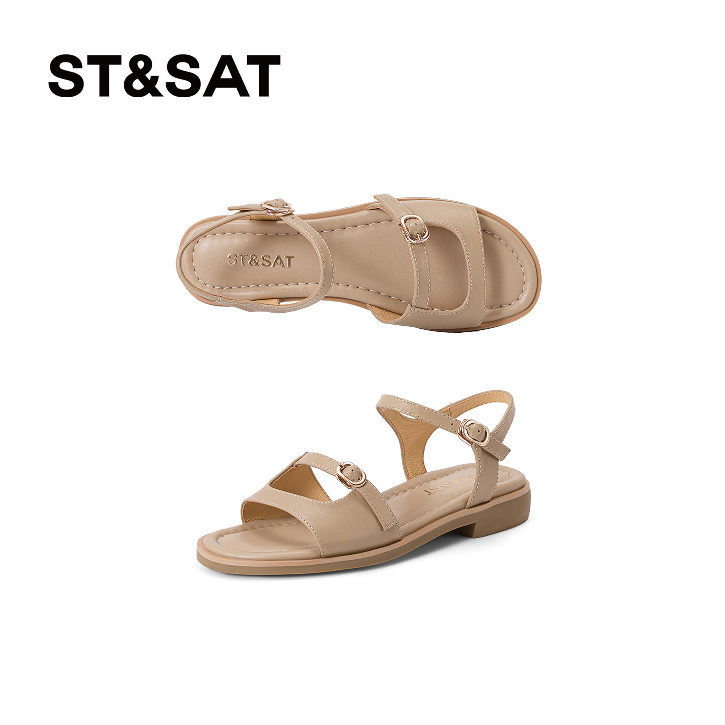 星期六2026新款一字式扣带绝美凉鞋女夏季平跟露趾凉鞋软底通勤鞋