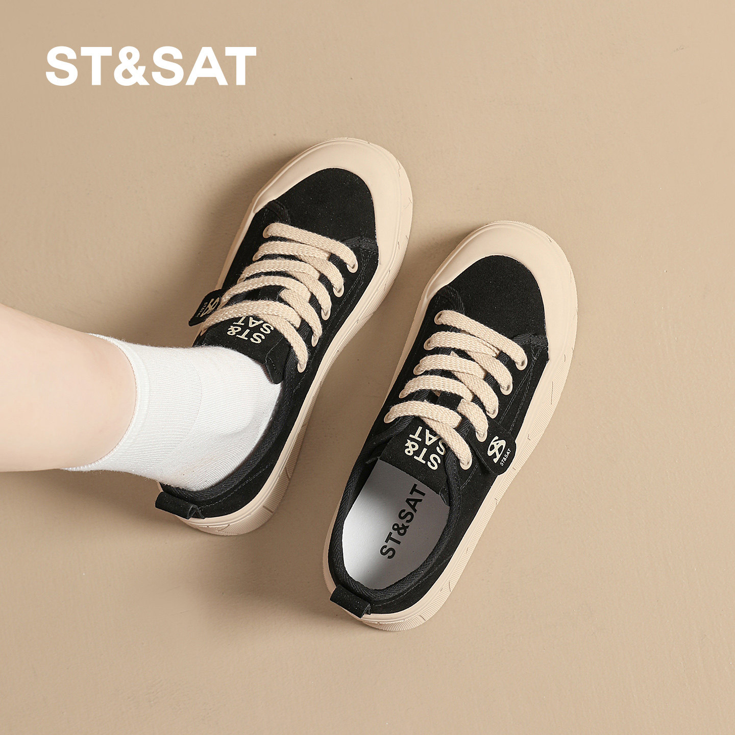 星期六厚底板鞋女鞋春季新款百搭休闲增高运动鞋子女士黑色帆布鞋