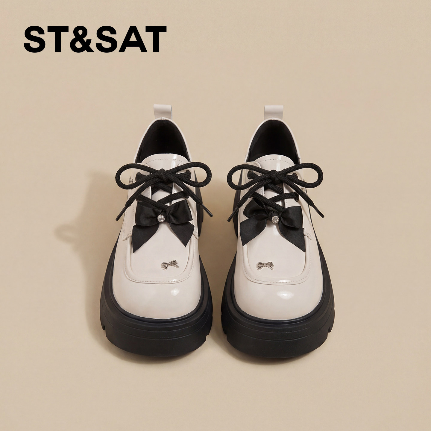 星期六厚底乐福鞋女春季新款米白色增高英伦风复古百搭小皮鞋