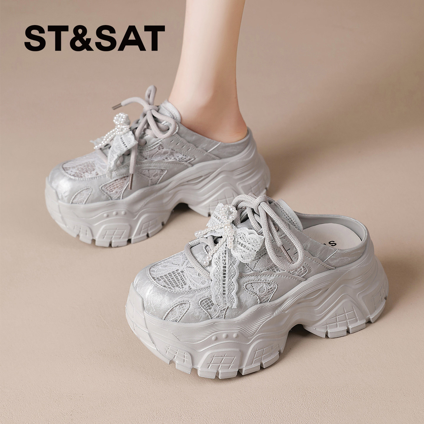 星期六厚底老爹鞋女2026夏季新款松糕一脚蹬包头半拖鞋外穿休闲鞋