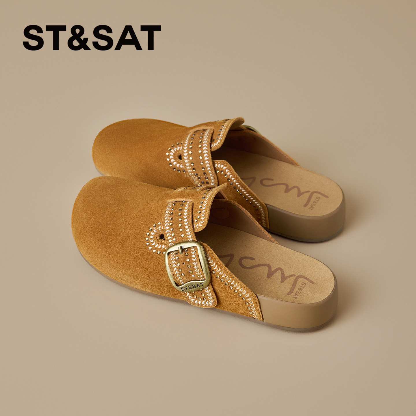 星期六平底勃肯鞋女2026春夏新款驼色百搭包头阿甘鞋一脚蹬半拖鞋