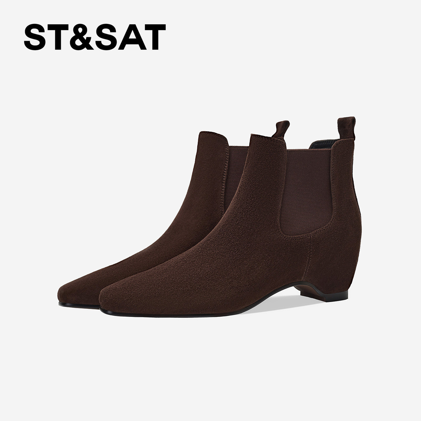 星期六法式方头切尔西短靴女2025秋冬棕色绒面方头坡跟百搭瘦瘦靴