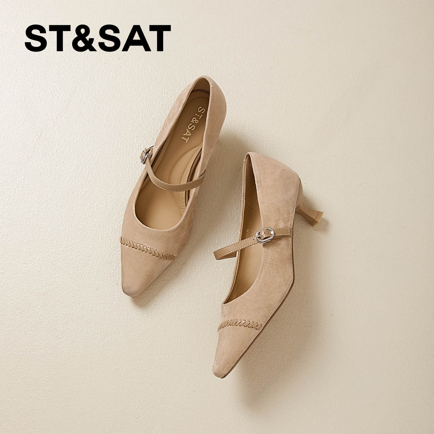 星期六法式真皮猫跟浅口单鞋女2026春季新款尖头细跟不累脚高跟鞋