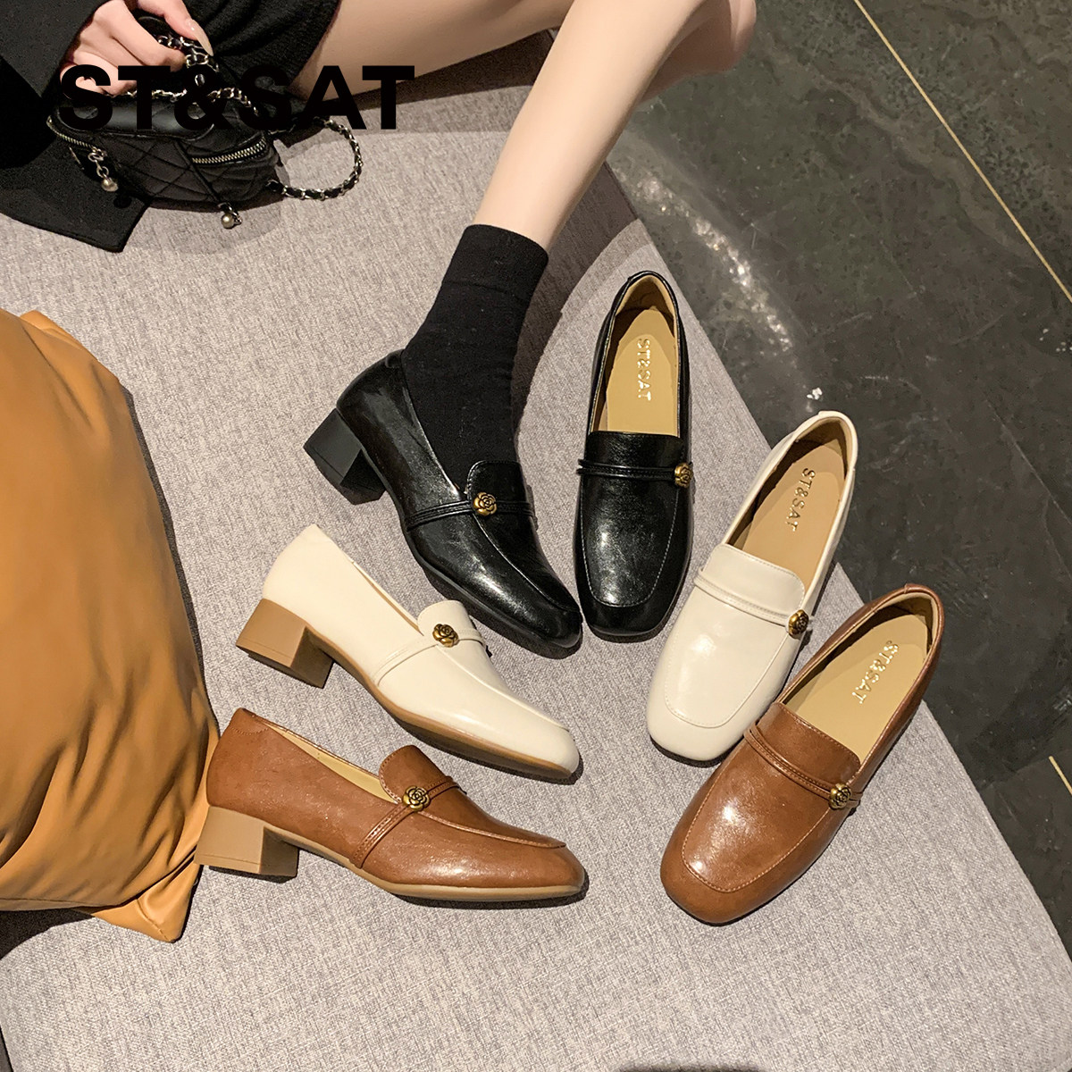 星期六复古粗跟乐福鞋女款春夏新款英伦风山茶花jk小皮鞋高跟鞋子