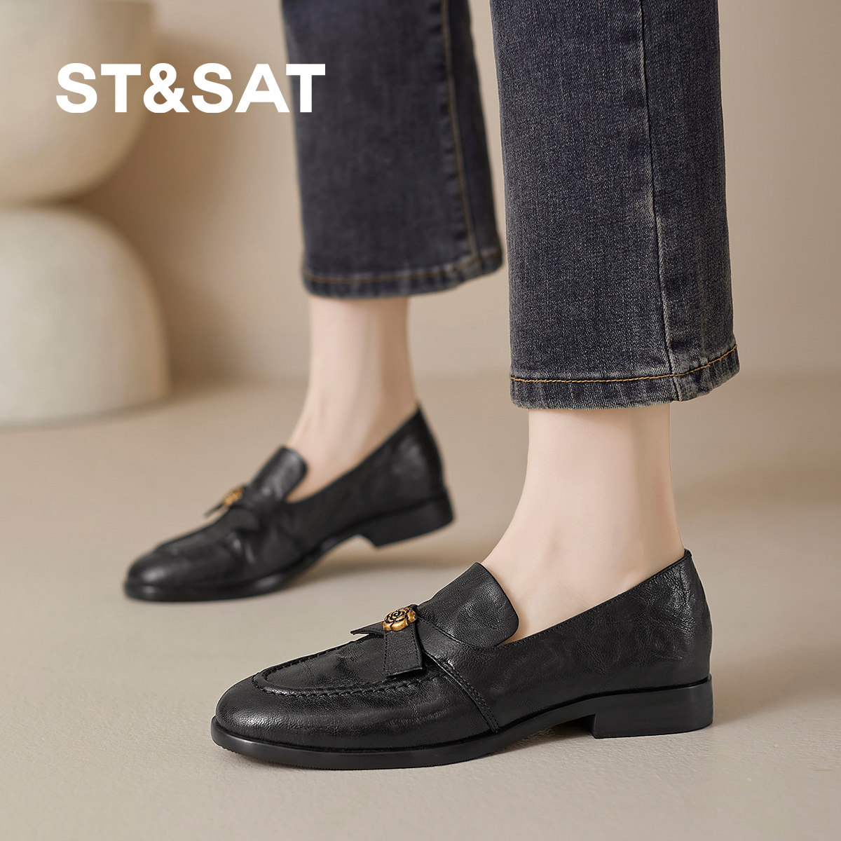 星期六羊皮春季新款厚底乐福鞋女配裙子小皮鞋不累脚平底气质单鞋