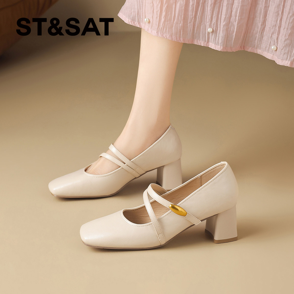 星期六羊皮软底玛丽珍高跟鞋女鞋2026夏季新款粗跟一字带浅口单鞋