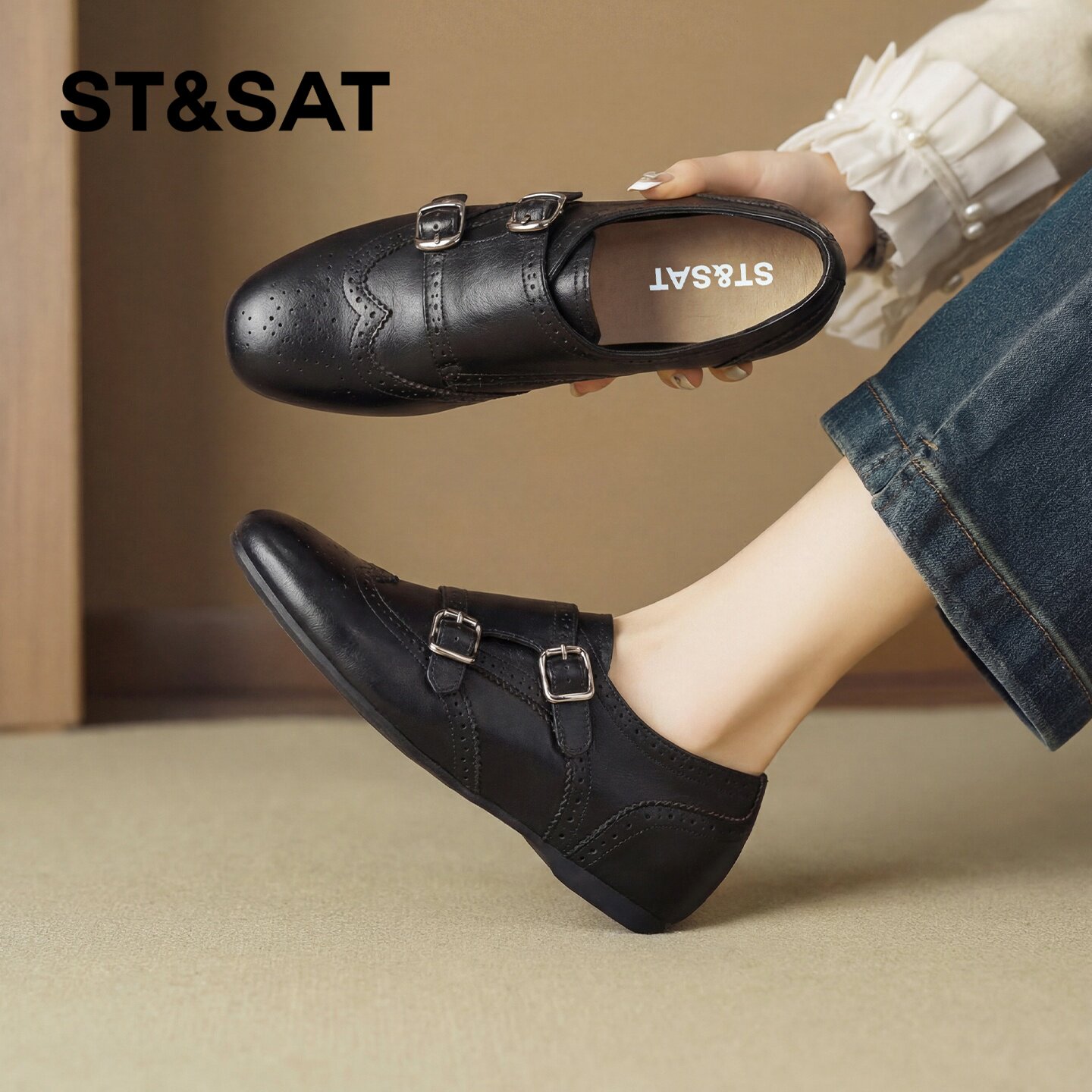 星期六英伦乐福鞋女款2026新款夏季黑色布洛克平底单鞋复古小皮鞋