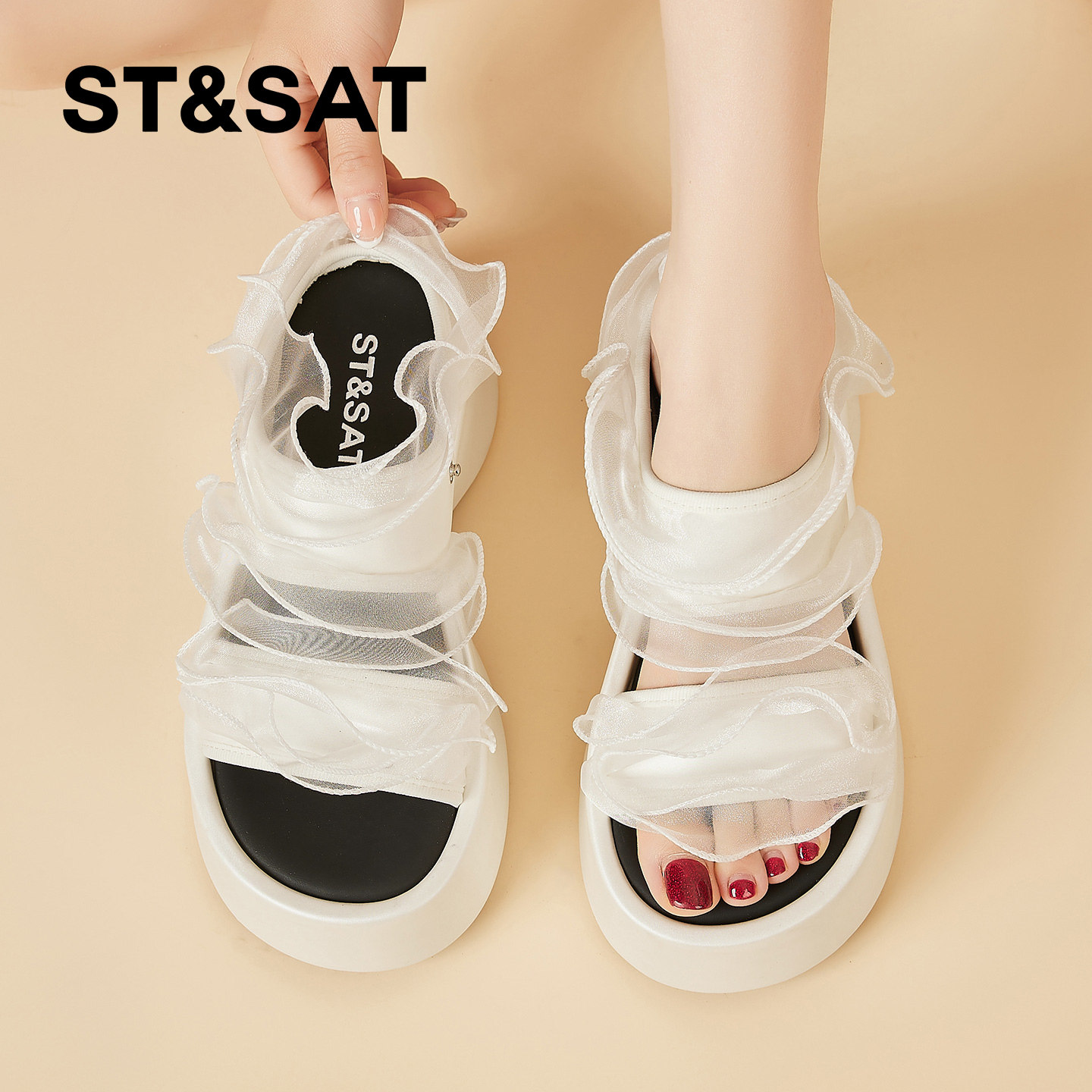 星期六网纱松糕凉拖鞋女夏外穿新款厚底海边沙滩鞋配裙子凉鞋