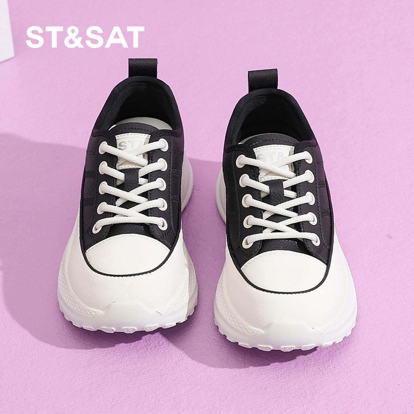 星期六厚底休闲板鞋女2025新款春季黑白撞色大码百搭真皮运动鞋子