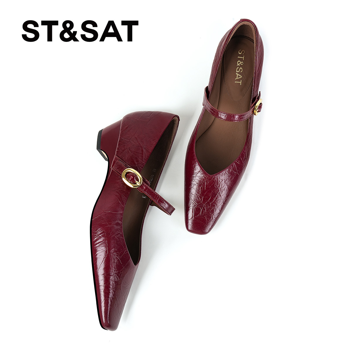 星期六酒红色法式玛丽珍女鞋