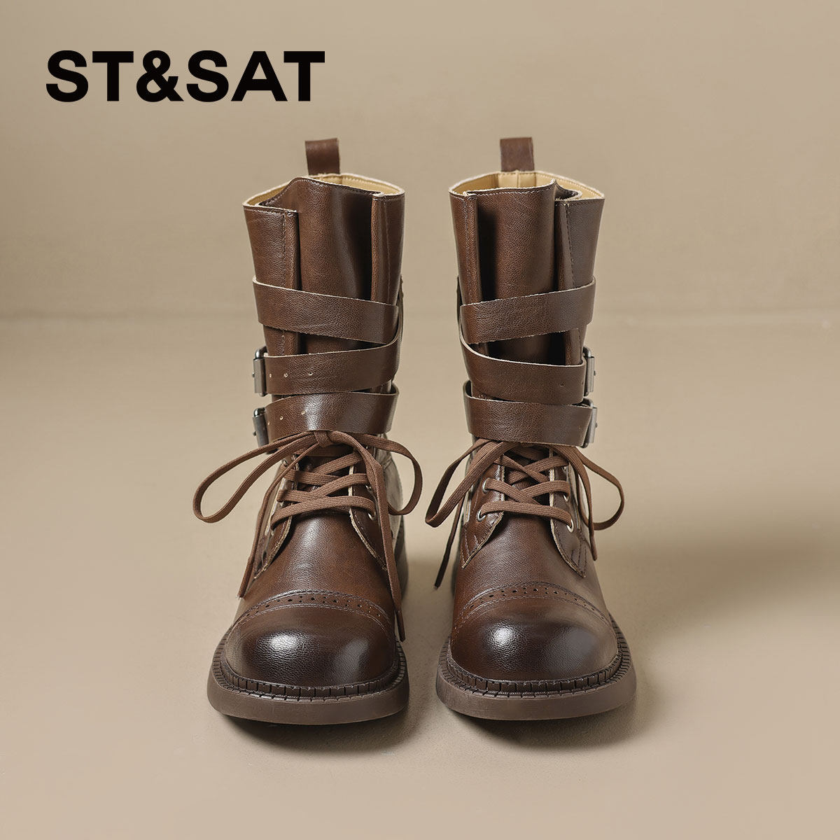 星期六英伦风皮带扣骑士靴短靴女2025秋冬新款厚底马丁靴机车靴子