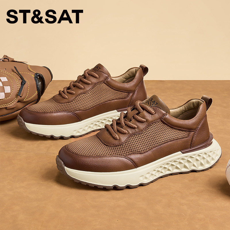 星期六头层牛皮男鞋新款夏季网面透气休闲皮鞋软底跑步运动鞋男士