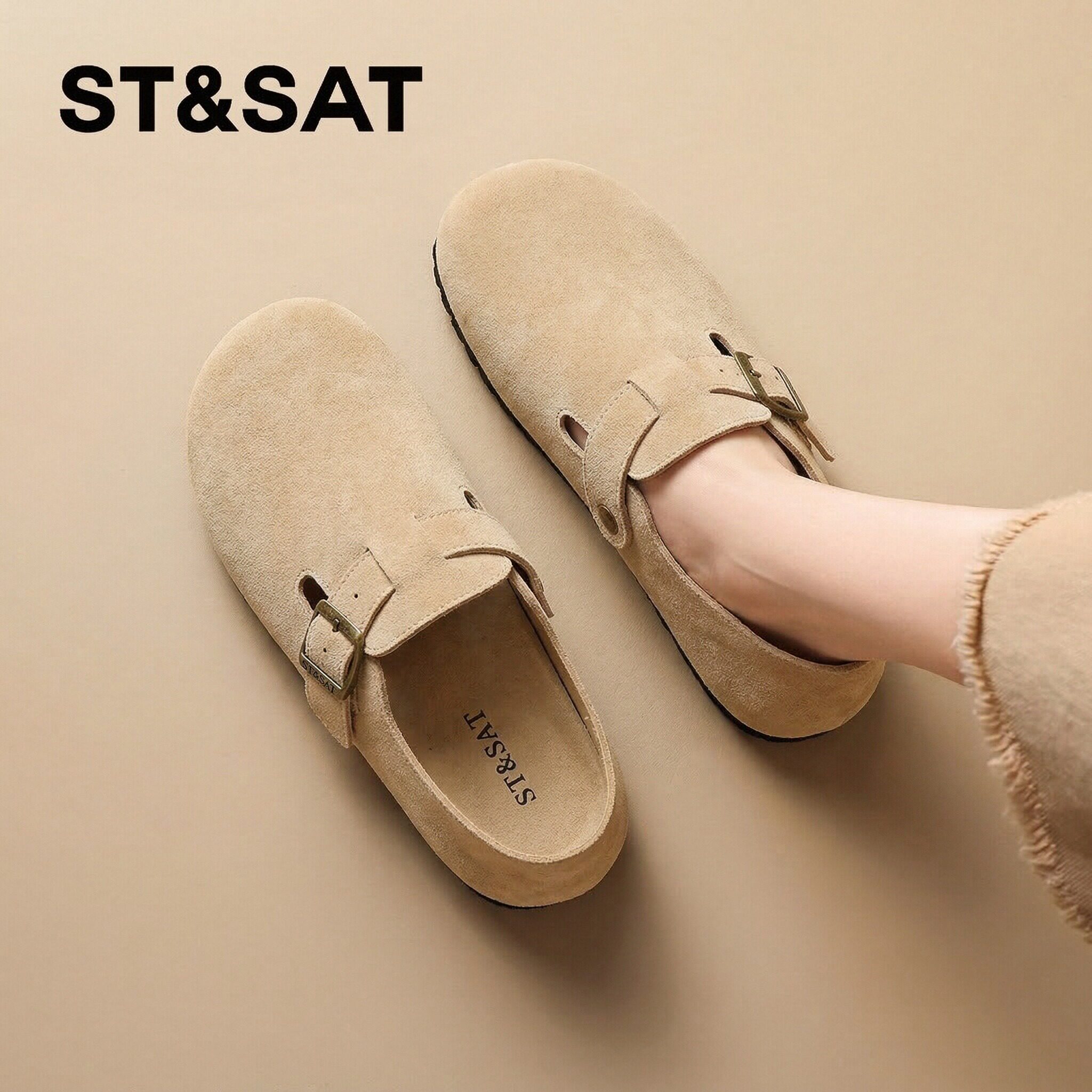 星期六2026春款新品休闲风勃肯鞋女真皮一脚蹬百搭通勤懒人鞋软底