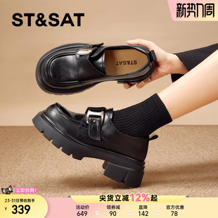 英伦风黑色搭扣一脚蹬深口单鞋 新款 女年春季 星期六厚底乐福鞋