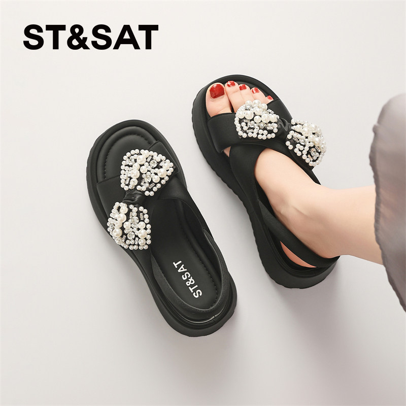 星期六黑色高跟凉鞋女款夏季外穿厚底串珠松糕鞋海边配裙子沙滩鞋