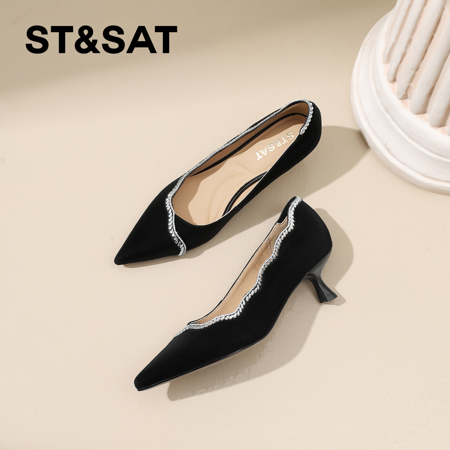 星期六真皮黑色通勤高跟鞋女2026春季新款尖头细跟浅口单鞋工作鞋