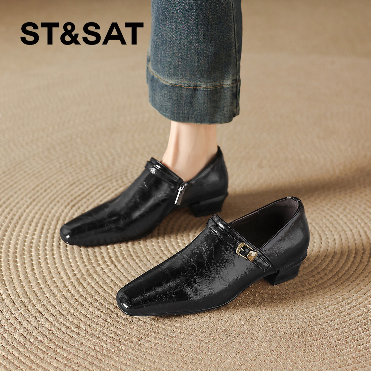 星期六黑色乐福鞋女新款春季老钱风切尔西小皮鞋复古粗跟单鞋