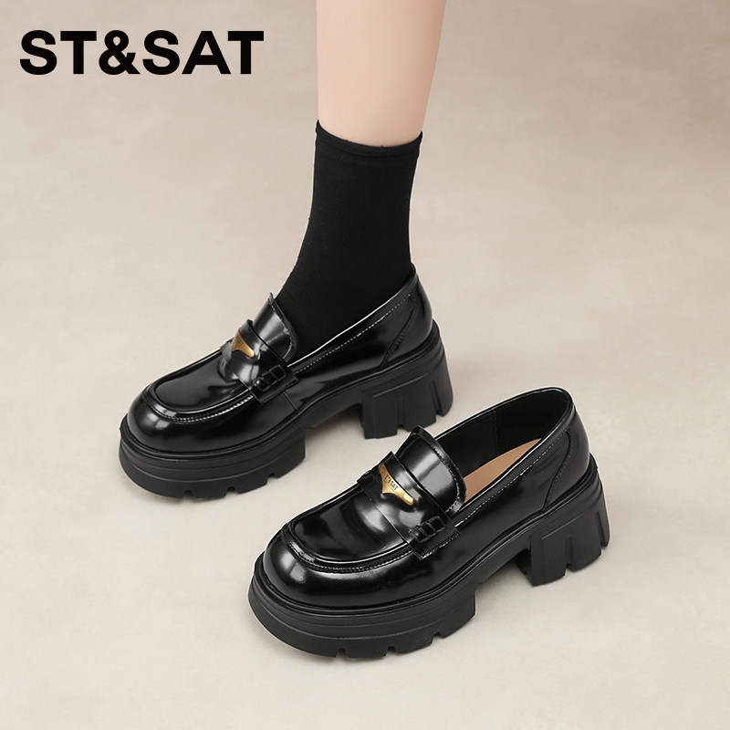 星期六新款厚底乐福鞋女黑色漆皮学院风增高显瘦通勤百搭小皮鞋