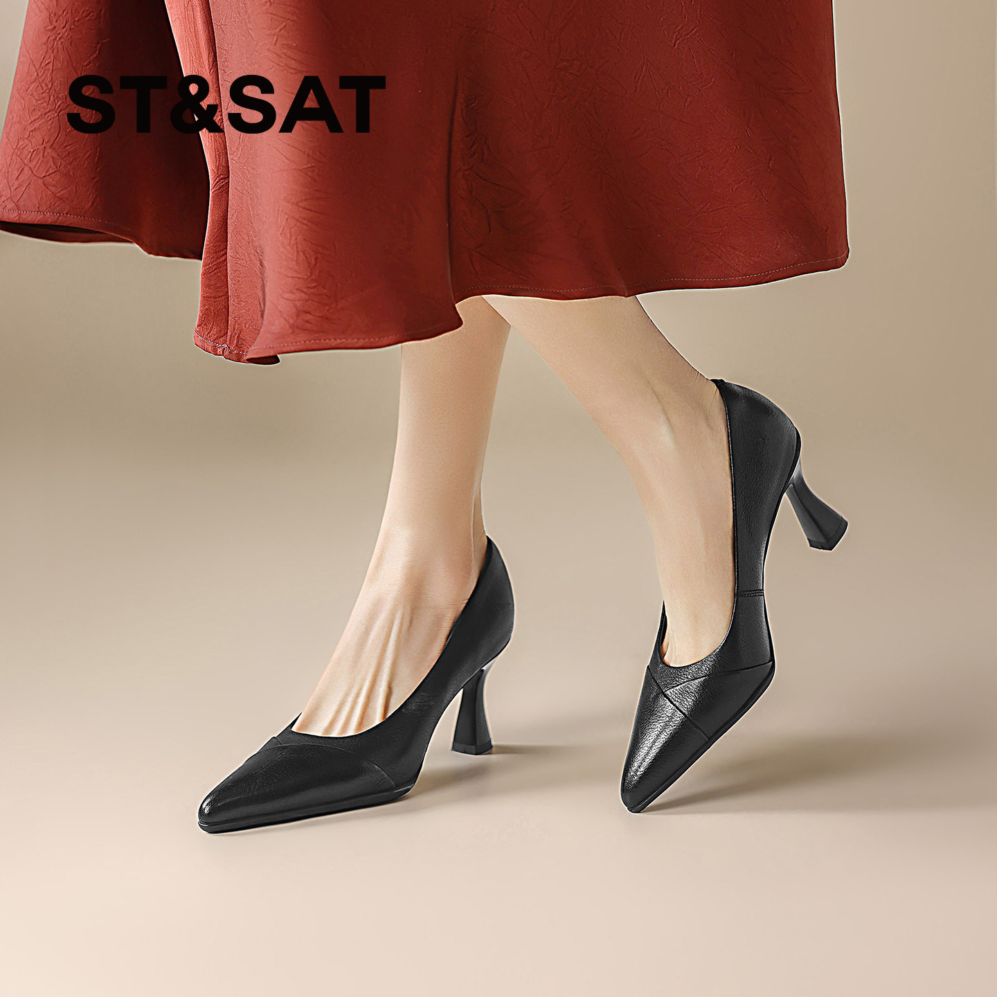 星期六尖头女单鞋2026新款配裙子尖头细跟高跟鞋羊皮黑色通勤女鞋