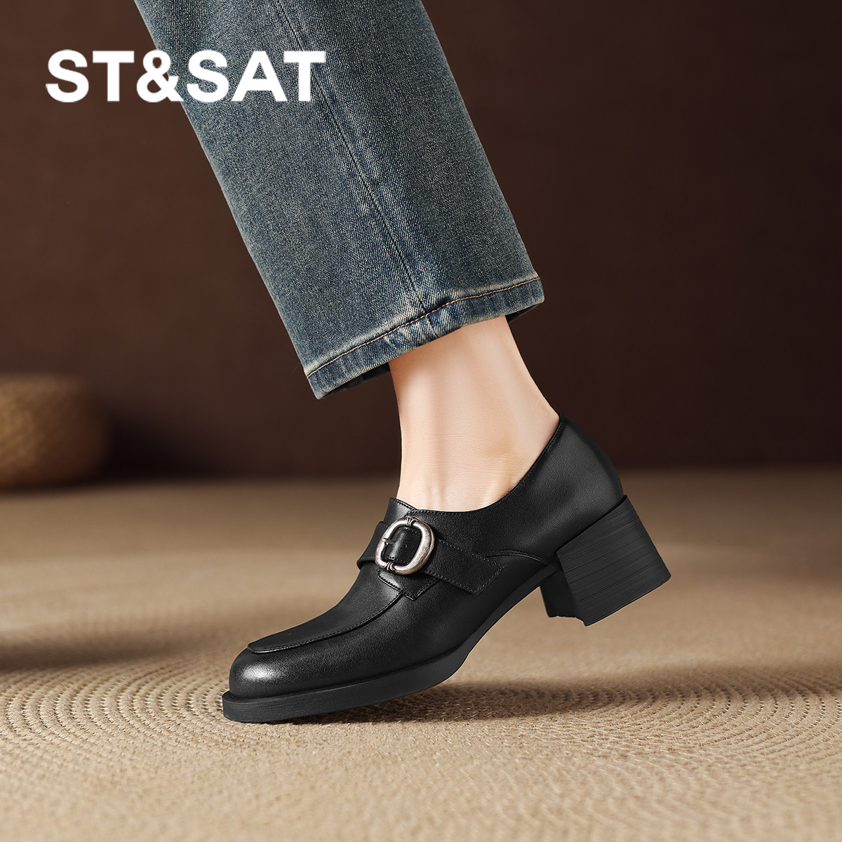 星期六高跟厚底乐福鞋女款新款春季英伦风黑色小皮鞋真皮单鞋