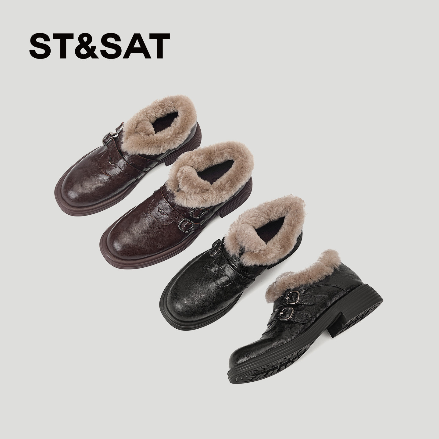 星期六冬季加绒厚底英伦女棉鞋子