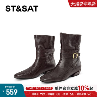 星期六英伦风短靴女2025秋冬复古方头粗跟靴子后拉链皮带扣时装 靴