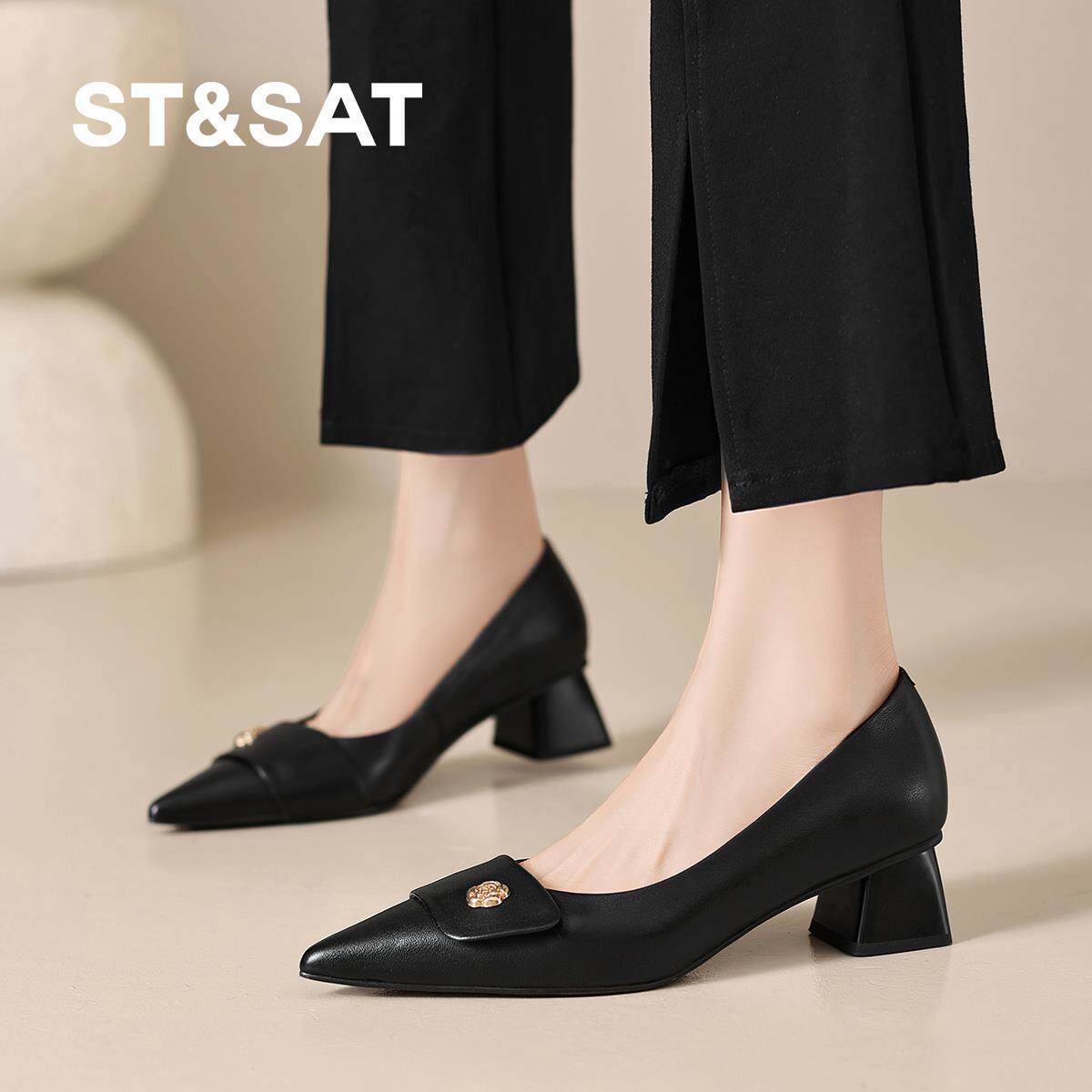 星期六真皮新款简约复古风尖头细跟浅口高跟鞋舒适单鞋女百搭通勤