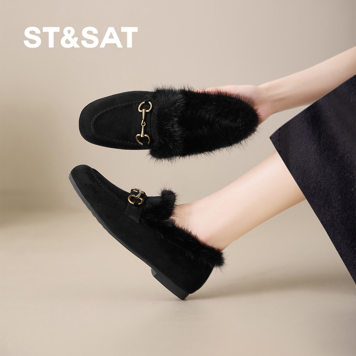 星期六加绒深口女单鞋冬季保暖平底舒适毛毛鞋低跟圆头乐福鞋女,女鞋,深口单鞋,淘宝优惠券,粉丝福利购,淘宝优惠卷