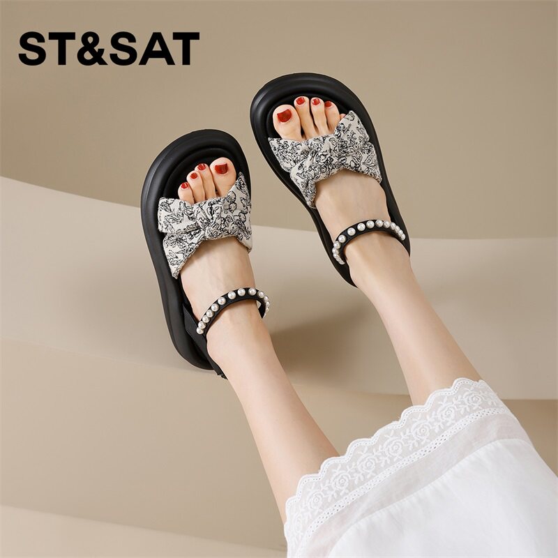 星期六软底凉鞋女夏外穿款厚底百搭蝴蝶结珍珠配裙子沙滩鞋不累脚