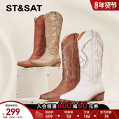 星期六西部牛仔靴新款 时尚 潮流复古高跟套筒女靴SSC4117C3O