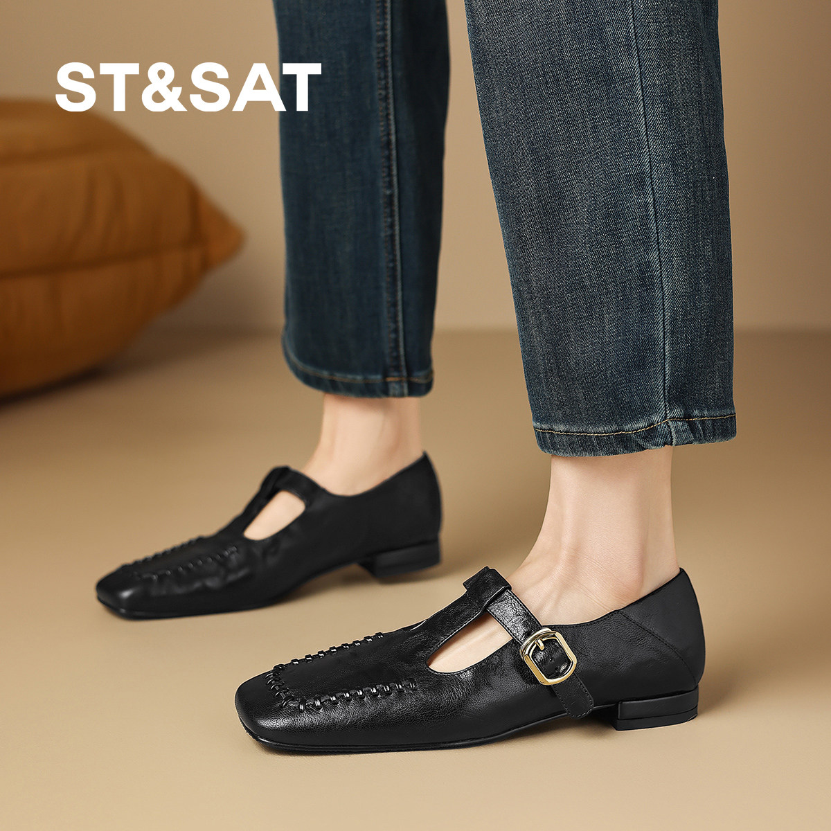 星期六新款深口女单鞋2026新款方头低跟丁字扣黑色羊皮玛丽珍鞋女,女鞋,深口单鞋,淘宝优惠券,粉丝福利购,淘宝优惠卷