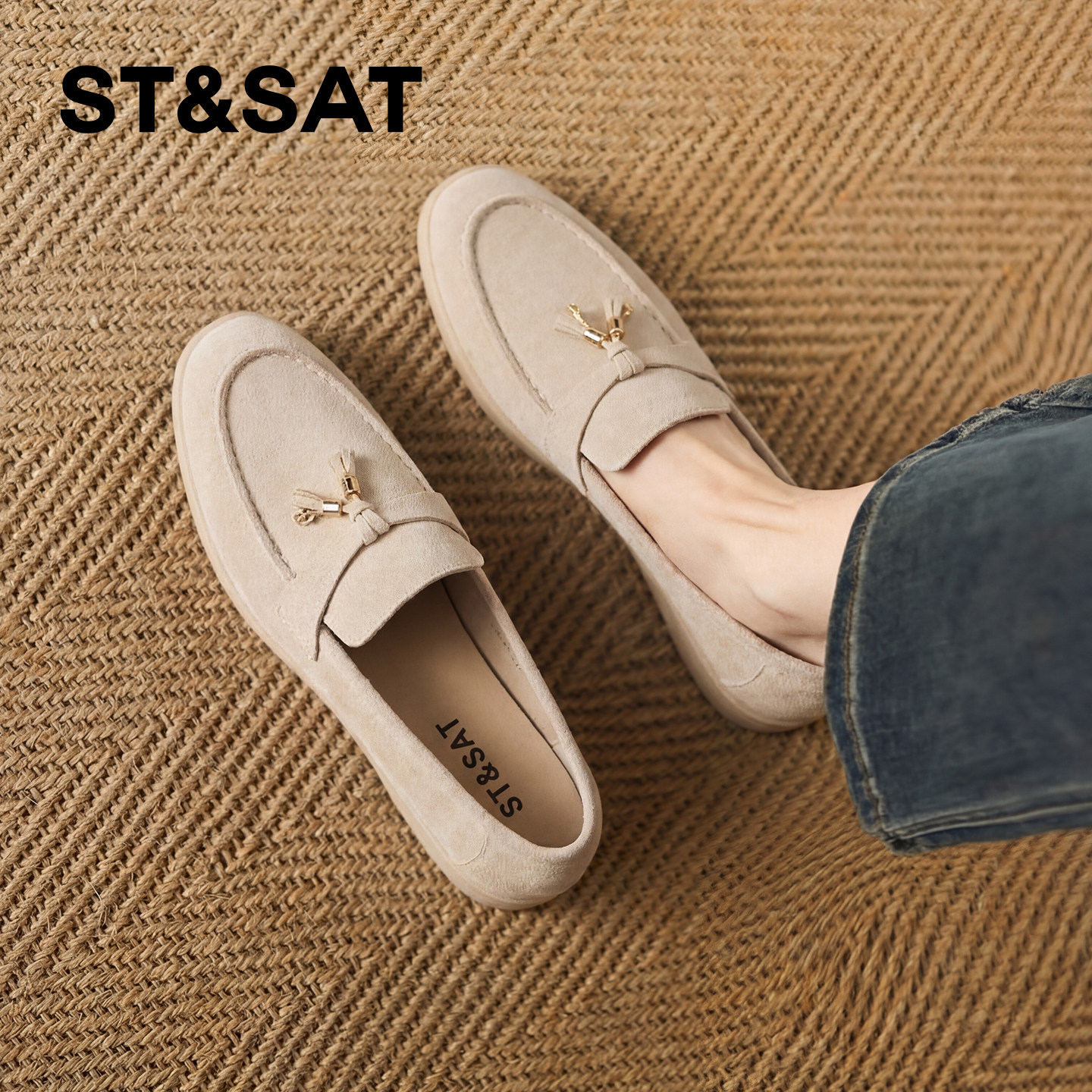 星期六乐福鞋女新款春季平底复古老钱风一脚蹬通勤百搭豆豆鞋