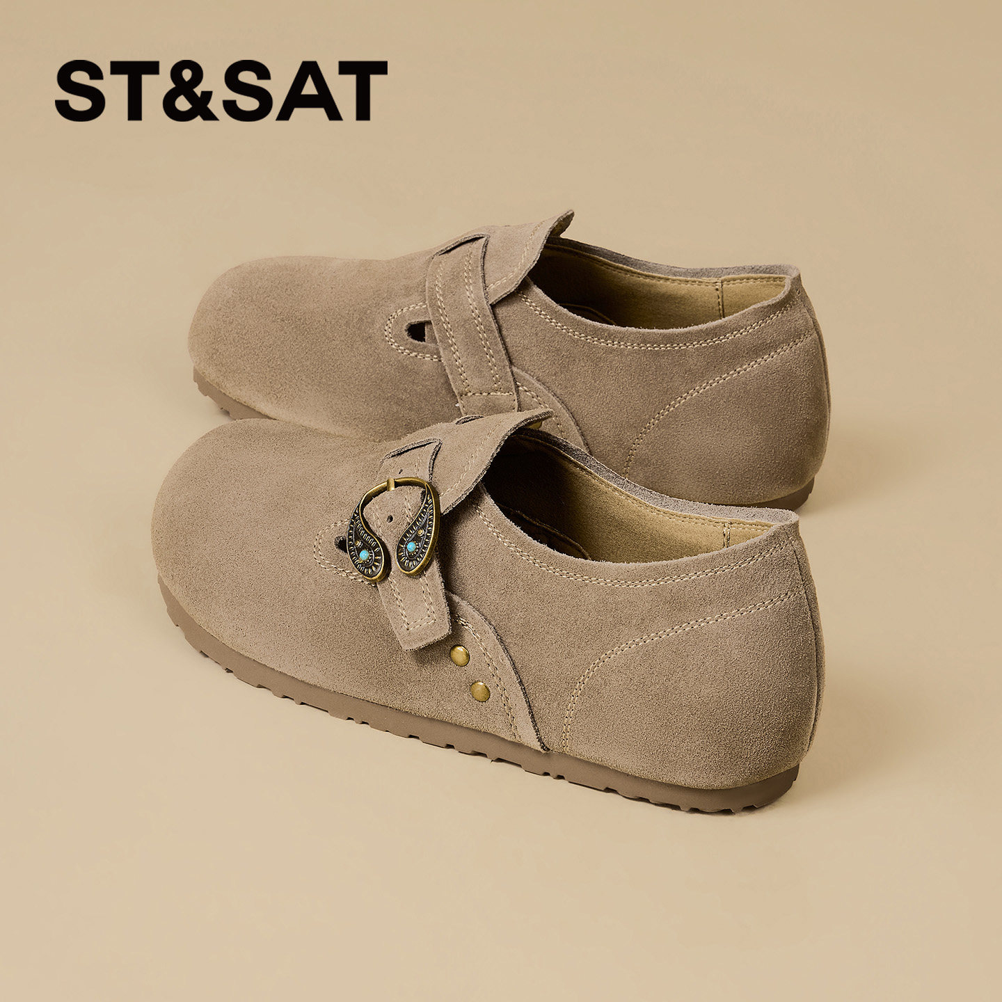 星期六复古勃肯鞋女新款春季全包驼色反绒皮一脚蹬舒适懒人鞋