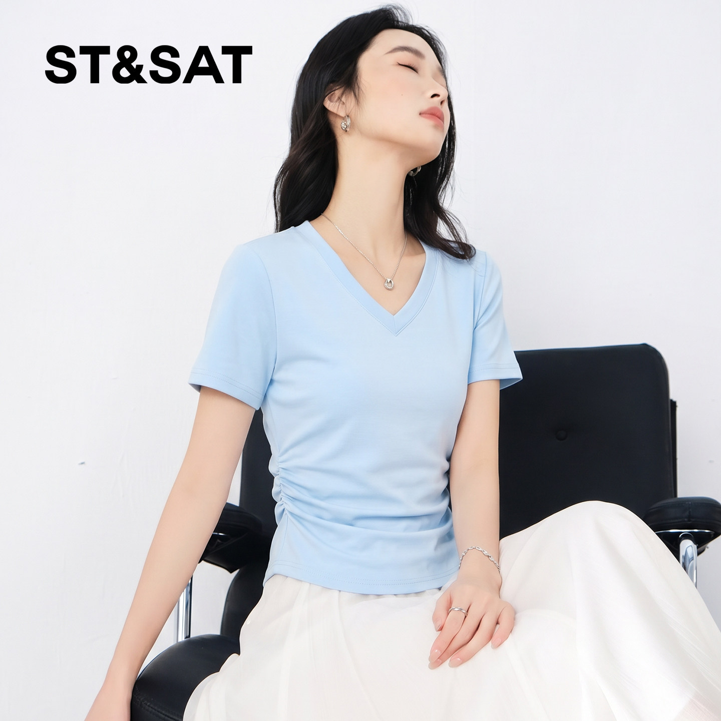 星期六v领修身抽褶短袖t恤女夏季