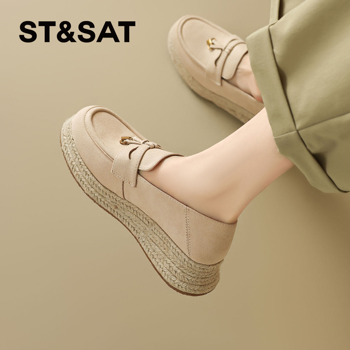 星期六草编一脚蹬厚底乐福鞋女2026新款增高鞋软底舒适休闲单鞋子