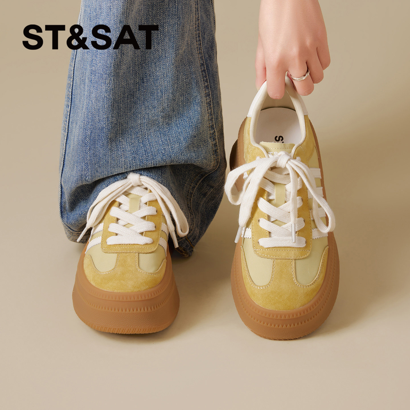 星期六厚底德训鞋女2026年春季新款多巴胺黄色增高阿甘休闲运动鞋