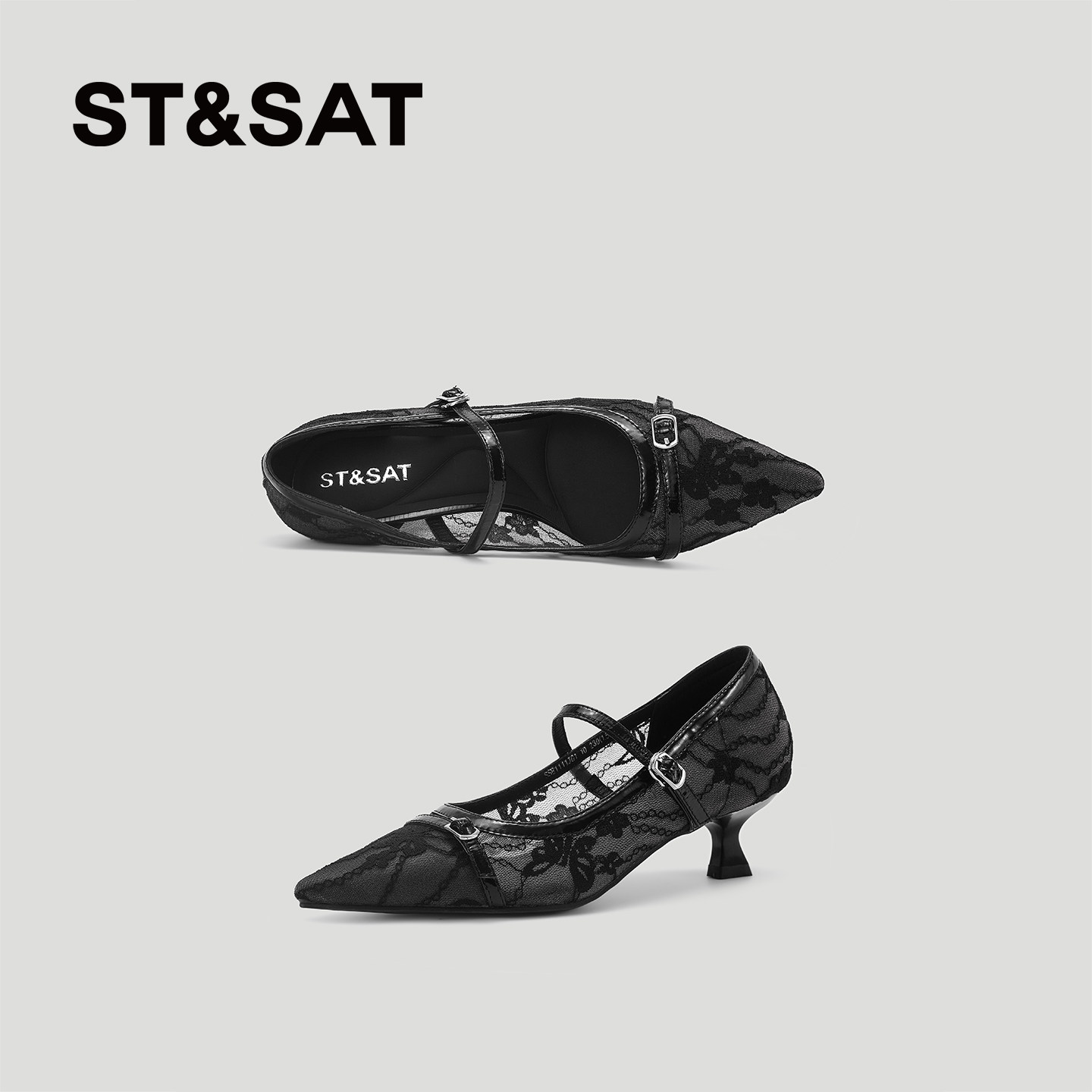 星期六玛丽珍鞋女2026巨好看黑色蕾丝尖头细跟一字带不累脚高跟鞋