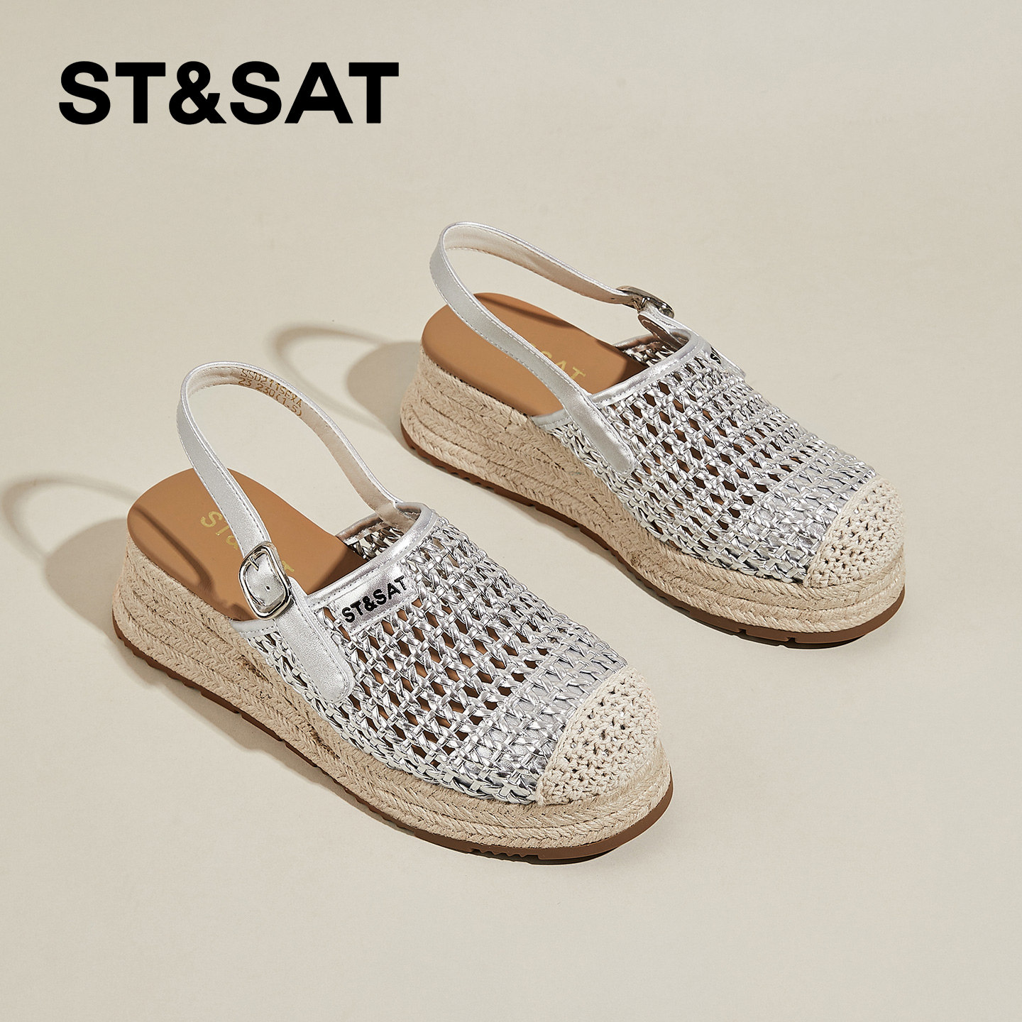 星期六复古坡跟休闲凉鞋女新款夏季编织透气罗马鞋厚底半拖鞋