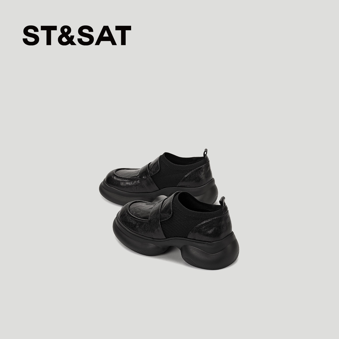 星期六新款黑色厚底乐福鞋女真皮小个子深口单鞋轻便增高休闲女鞋