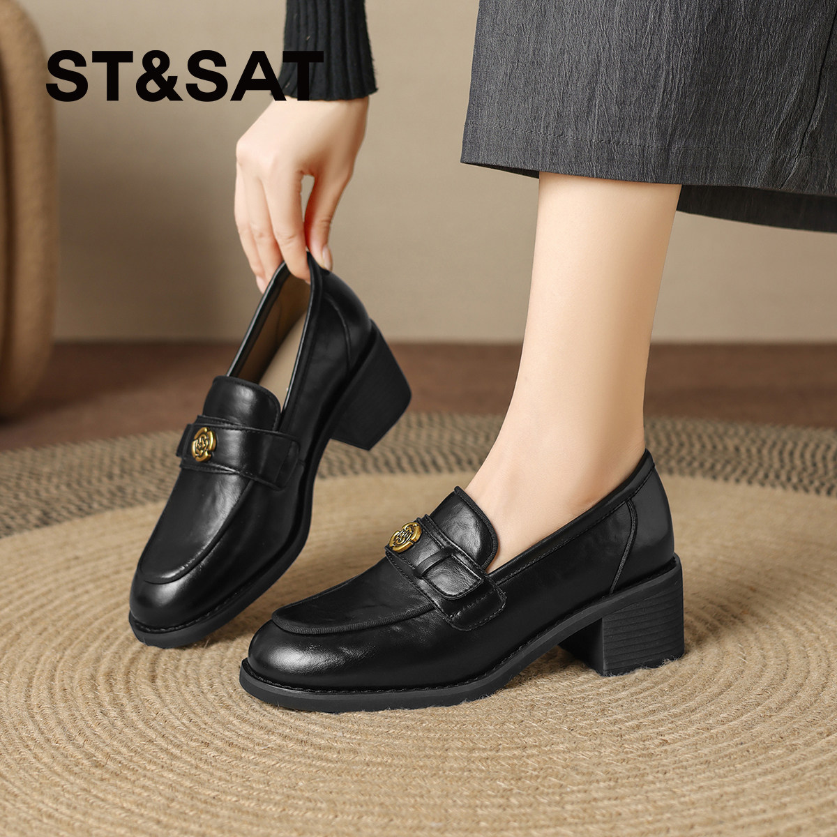 星期六厚底乐福鞋女款黑色皮鞋女通勤粗跟单鞋女鞋子高跟鞋玛丽珍