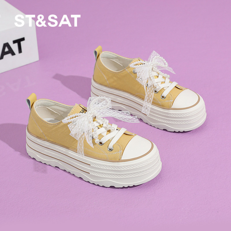 星期六厚底黄色帆布鞋女2025新款夏季透气多巴胺布鞋增高休闲板鞋