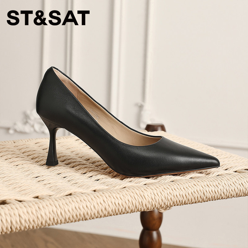星期六尖头高跟鞋女春季新款黑色通勤工作鞋简约女鞋浅口单鞋