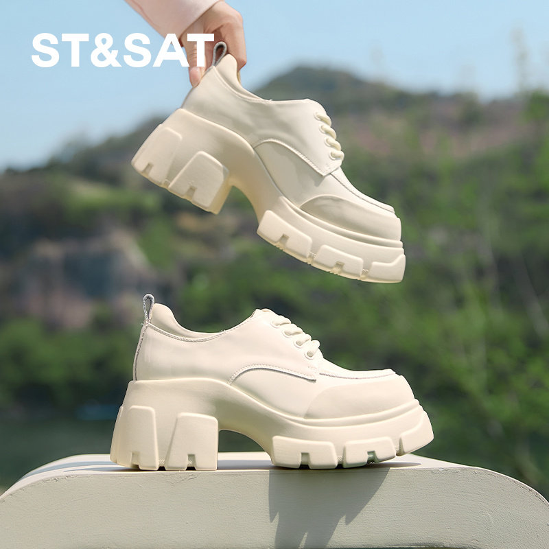 星期六高跟厚底乐福鞋女款春季新款白色英伦风小皮鞋松糕单鞋