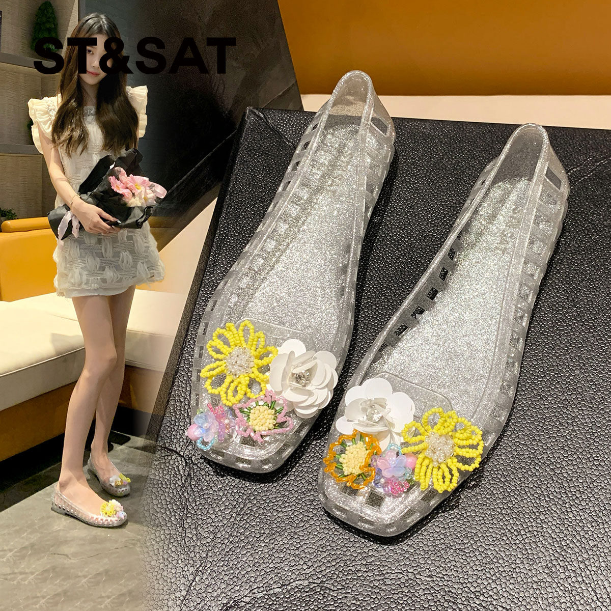 星期六软底果冻水晶鞋女款春夏新款花朵罗马凉鞋一脚蹬单鞋子