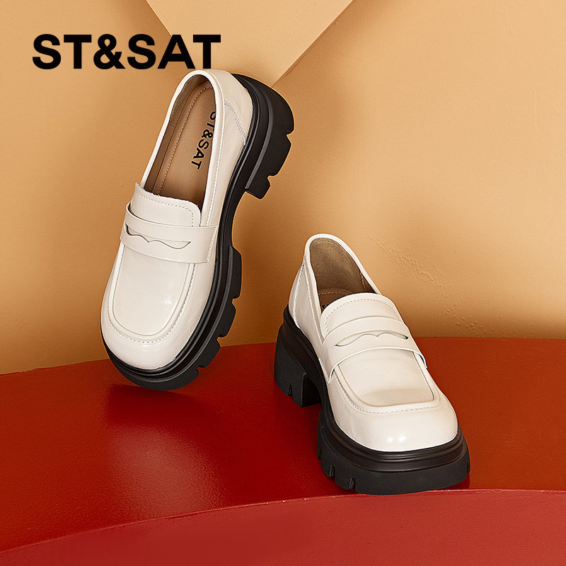 星期六英伦风小皮鞋女夏季年新款厚底高跟乐福鞋白色单鞋女鞋